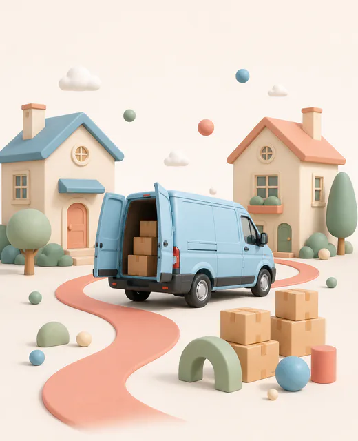 Illustration of a loaded moving van between Brighton houses